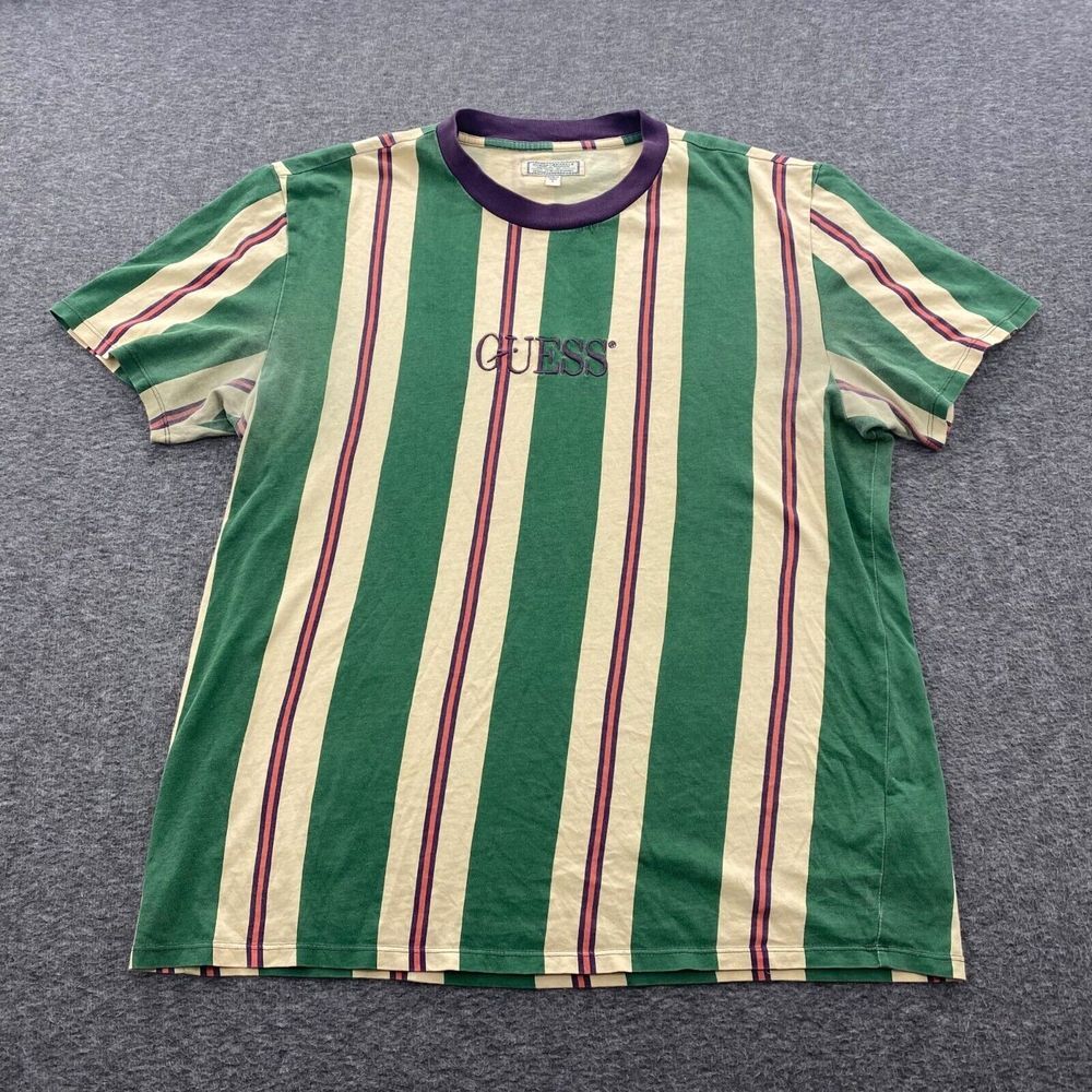 Guess Green Cream Striped Short Sleeve Logo Tee